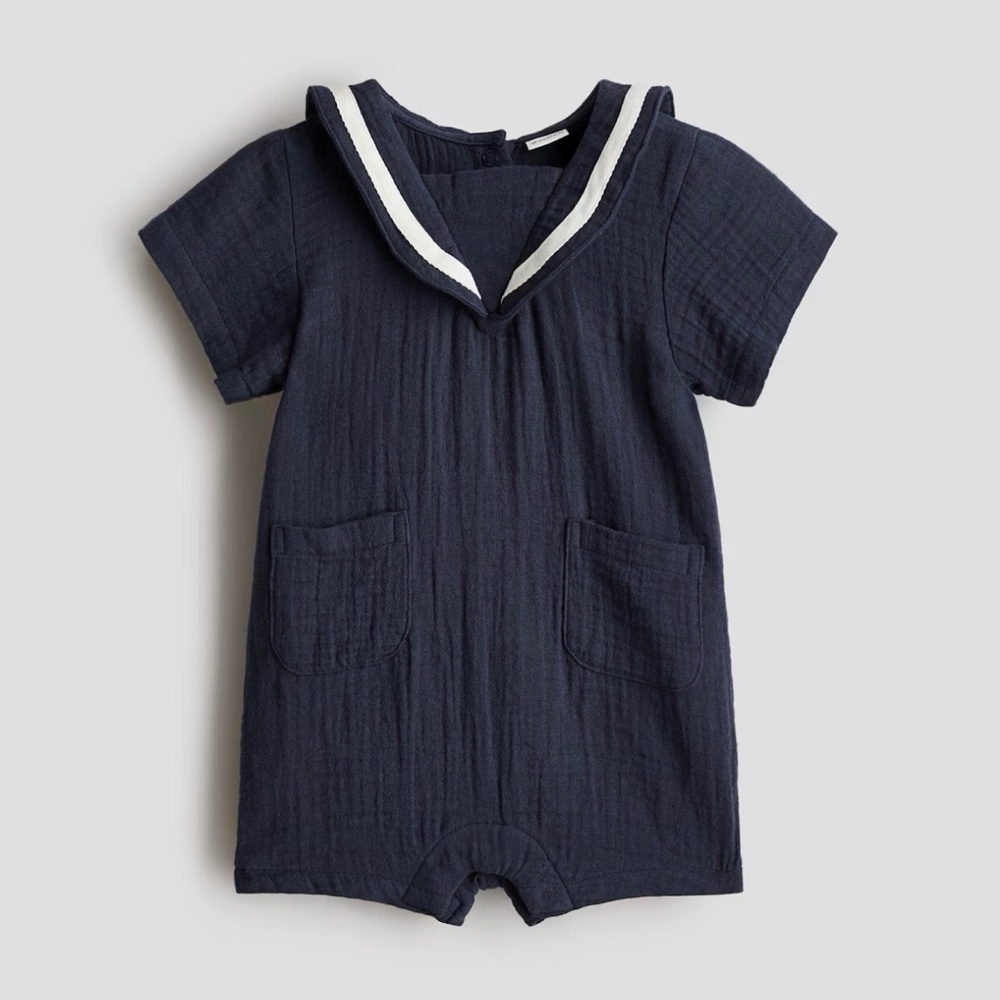 H&M Organic Muslin Romper Suit Sailor Collar Baby Boy Toddler Sz 12mo NWT